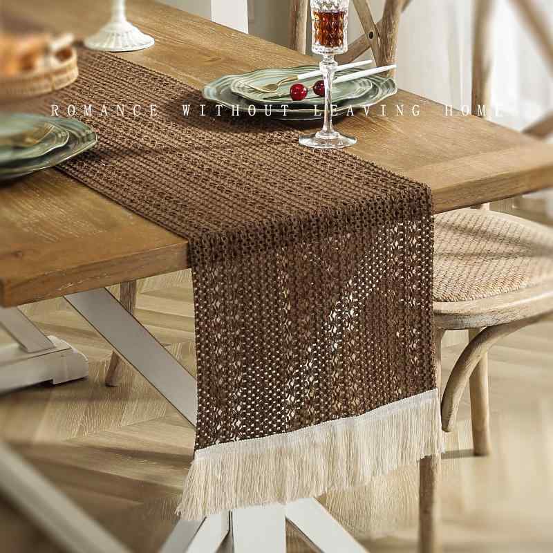 テーブルランナー オシャレ 編み 織り レトロ カバー 茶 リネン パーティー 食卓 カフェ レストラン 装飾 シンプル バイカラー フリンジ