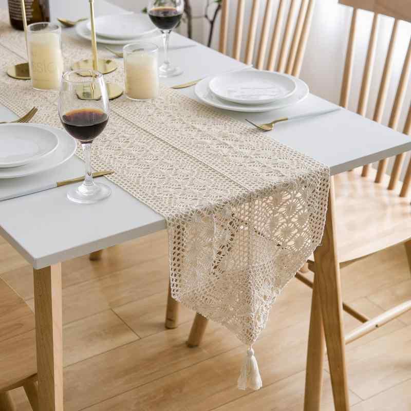 テーブルランナー オシャレ アメリカン レトロ 綿 かぎ針 レース 引き出し キャビネット ダイニング クロス シンプル 無地 ベージュ 白