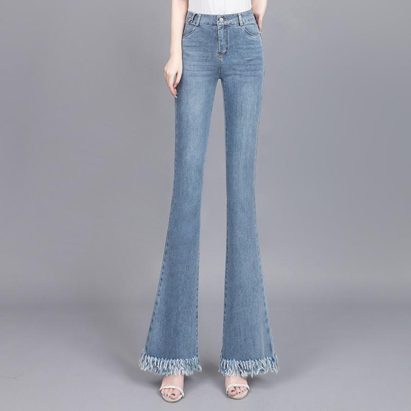 デニム フレアパンツ レディース ジーンズ ブーツカット ボトムス ハイウエスト ポケット 薄手 裾フリンジ 着痩せ 脚長効果 レトロ カジュアル 大きいサイズ 青