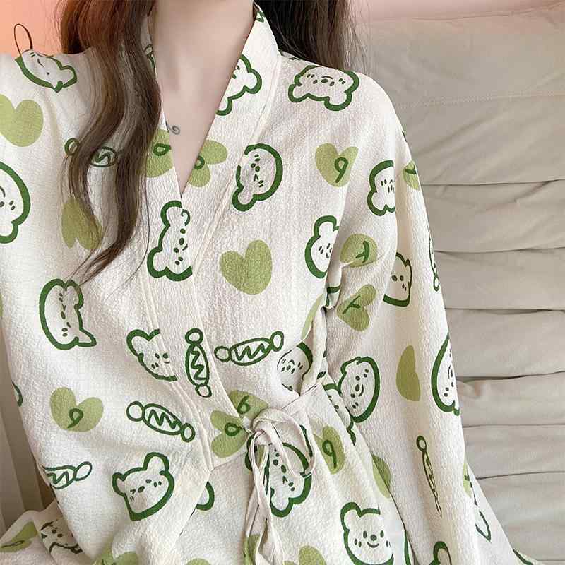 レディース パジャマ ナイトウェア かわいい イチゴ レースアップ 綿 リネン 春秋 綿 着物 スーツ 長袖 ツーピース ホーム 服