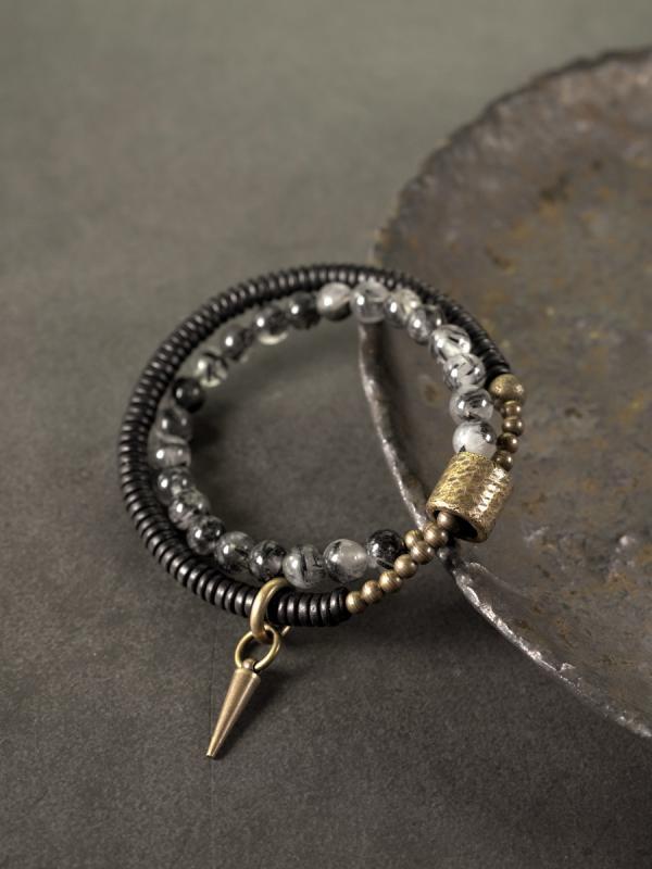 ブレスレット メンズ レディース アクセサリー 手首 ユニセックス ヴィンテージ風 黒曜石 クリスタル ビーズ 二層 バングル 銅 個性的 おしゃれ カップル お揃い