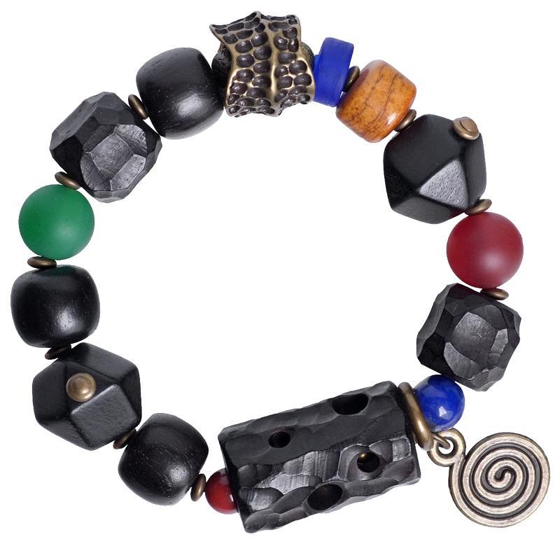 ブレスレット メンズ レディース カップル ペア 大人 黒檀木 大きめ 小物 アクセサリー エスニック レトロ 民族風 カラフル ビーズ おしゃれ