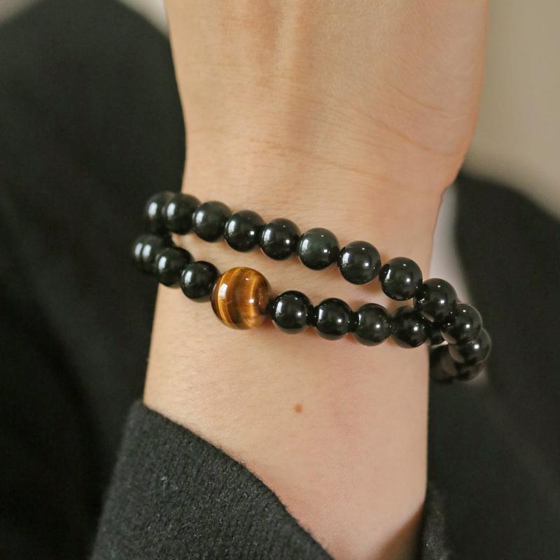 ブレスレット メンズ アクセサリー ユニセックス 韓国 レトロ ゴム紐 伸縮性 黒曜石 真鍮 2層 腕輪 パワーストーン 装飾 シンプル おしゃれ 黒