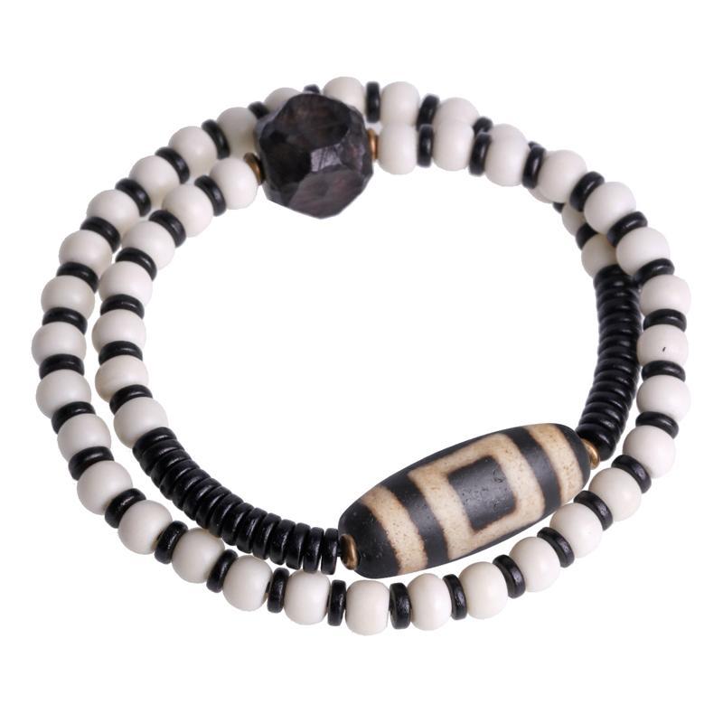 アクセサリー 手首 男女兼用 黒白 ビーズ レトロ エスニック ブレスレット 真鍮 黒檀木 二重巻き ゴム紐 バングル 個性的 おしゃれ カップル ペア