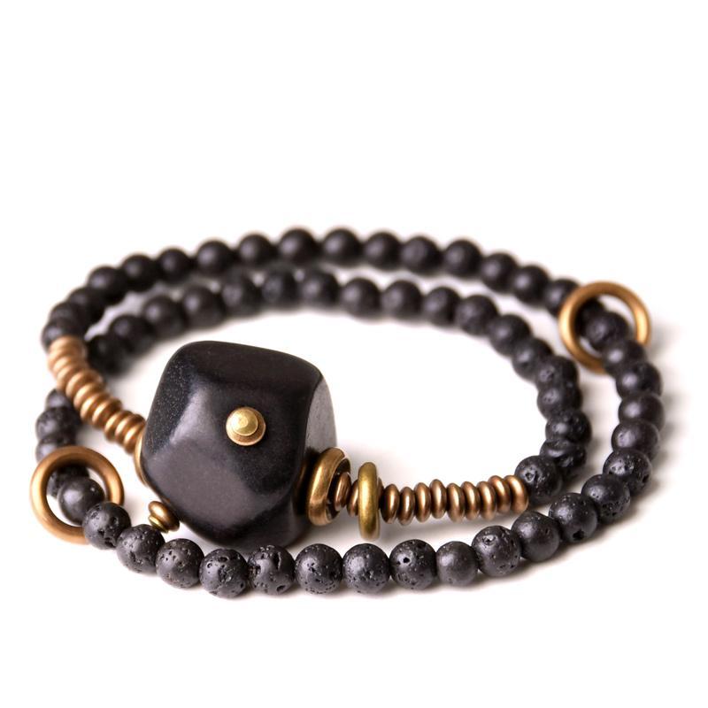 ブレスレット メンズ レディース 黒檀 火山石 ビーズ 二重巻き レトロ 小物 アクセサリー エスニック カジュアル おしゃれ カップル 誕生日 プレゼント