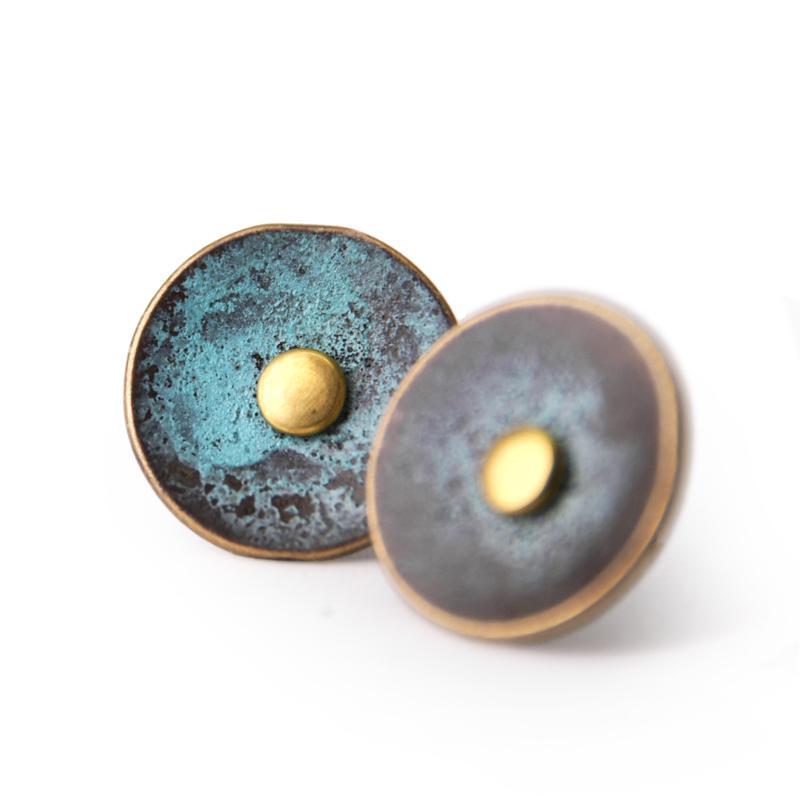 アクセサリー ピアス レディース ヴィンテージ風 ブロンズ グリーン ジオメトリック シンプル 個性的 丸形 真鍮 シルバー925 大小サイズ ゴムストッパー おしゃれ