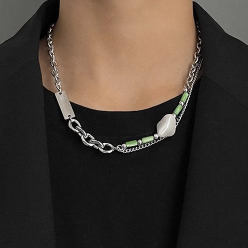 ネックレス メンズ アクセサリー 小物 鎖骨 チェーン チタン ストーン プレート 調節可能 普段使い ヒップホップ カジュアル おしゃれ 竹節