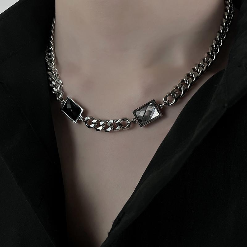 ネックレス メンズ レディース カップル アクセサリー 小物 太 チェーン チタン ストーン キラキラ 普段使い ダンス カジュアル おしゃれ 黒 白