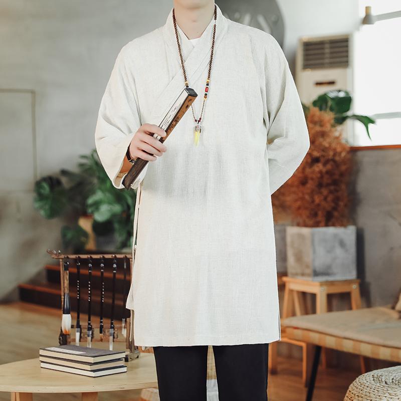 リネンシャツ メンズ 長袖 春秋 中国風 レトロ トップス 道袍 僧衣 ミドル丈 ゆったり 大きいサイズ ローブ 個性的 カジュアル 白 黒
