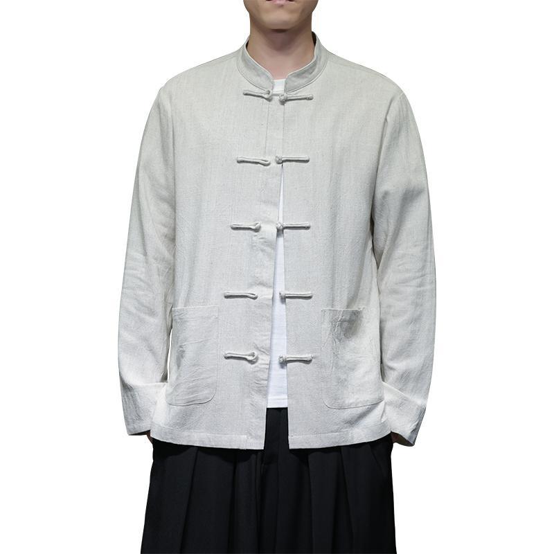 リネンシャツ メンズ 長袖 春秋 中国風 レトロ 伝統的 トップス 羽織 薄手 スタンドカラー ゆったり 大きいサイズ 個性的 カジュアル スタイリッシュ 白 黒 赤