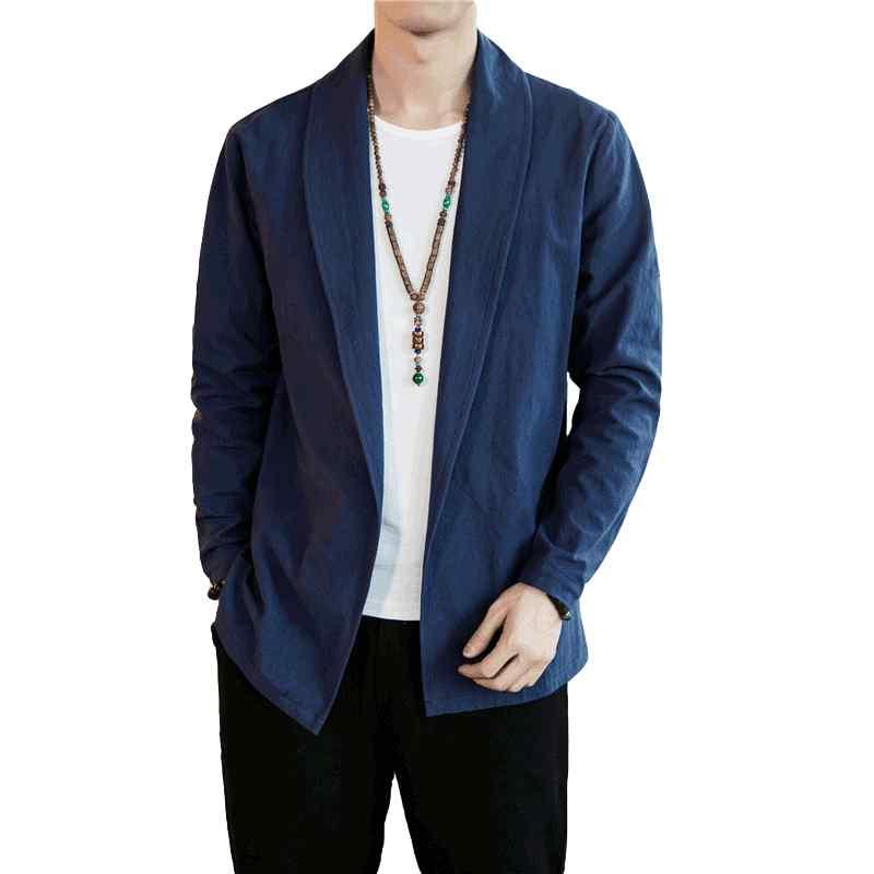 リネン 羽織 メンズ 春秋 ジャケット 中国 綿麻 コーディガン 長袖 ゆったり 折り返し袖 アウター トップス 薄手 大きいサイズ オフィス シンプル 白Tシャツ 黒 グレー 青