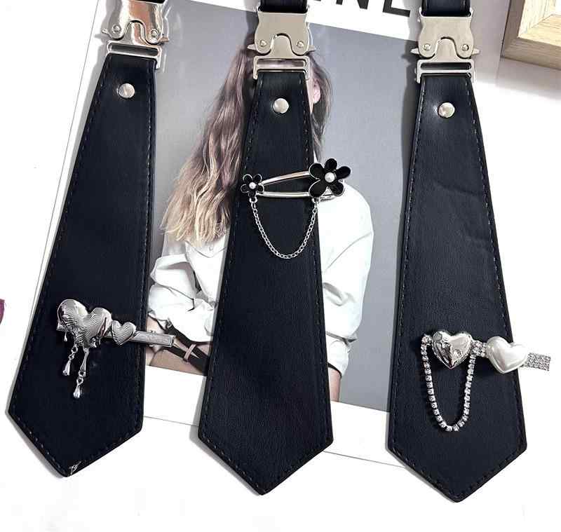 ネクタイ レディース 韓国 大人 上品 エレガント ビーズ ハート 花 チェーン アクセサリー 小物 ストラップ カレッジスタイル コスプレ レザー 黒 おしゃれ