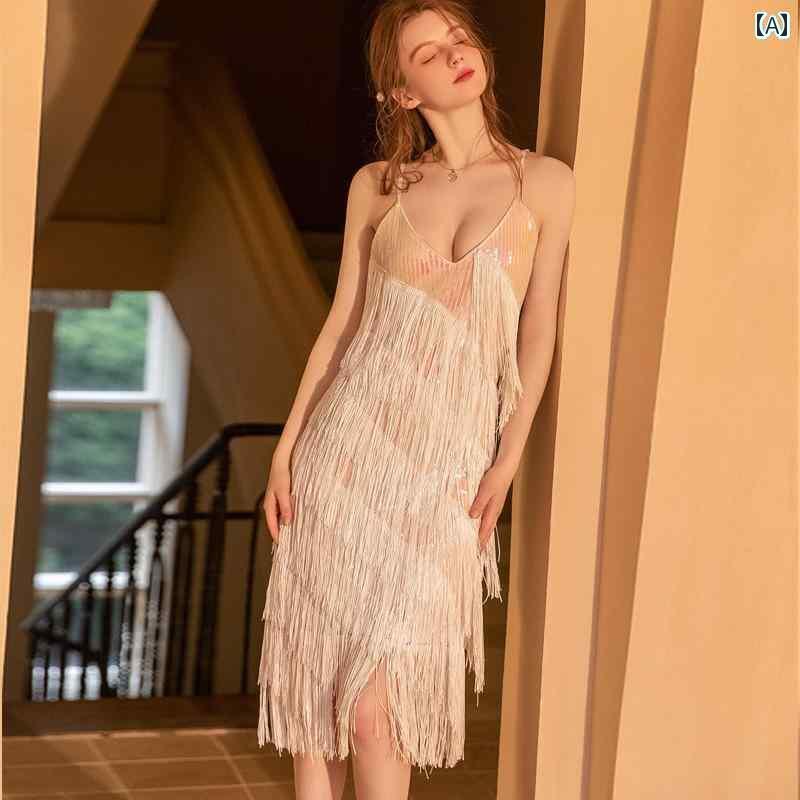 イブニングドレス ワンピース レディース Vネック ノースリーブ ミモレ フリンジ スパンコール パーティー 結婚式 レトロ おしゃれ 小..