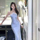 イブニングドレス レディース キャバ 春夏 セクシー ホルターネック タイト ロング スカート スリムフィット 青 パーティー ショルダーストラップ