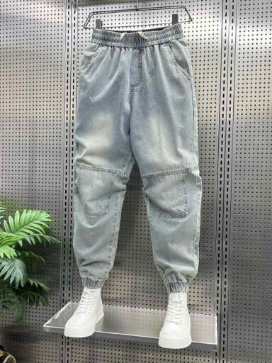 裾 絞り パンツ メンズ 男性 夏 薄手 9分丈 ルーズ カジュアル 普段着 ポケット レトロ 耐摩擦性 青 デニム ウォッシュ加工 ドロスト 裾 絞り パンツ メンズ 男性 夏 薄手 9分丈 ルーズ カジュアル 普段着 ポケット レトロ 耐摩擦性 青 デニム ウォッシュ加工 ドロスト
