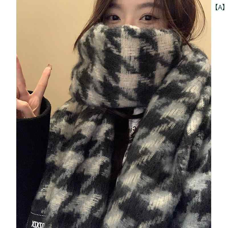 マフラー レディース 韓国 千鳥格子 冬 厚手 暖かい ネックウォーマー ショール 長方形 フリーサイズ ポリエステル フリンジ アウトドア おしゃれ 黒 白 ピンク