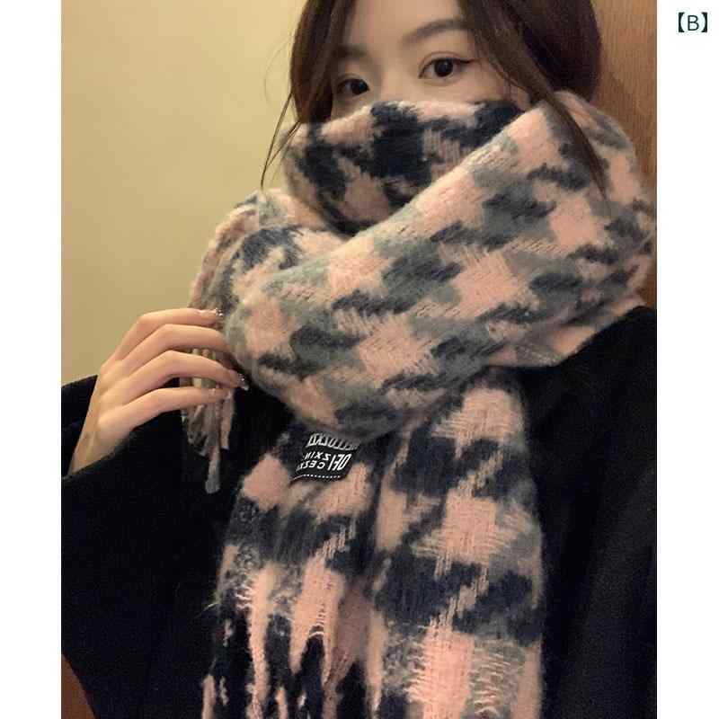 マフラー レディース 韓国 千鳥格子 冬 厚手 暖かい ネックウォーマー ショール 長方形 フリーサイズ ポリエステル フリンジ アウトドア おしゃれ 黒 白 ピンク