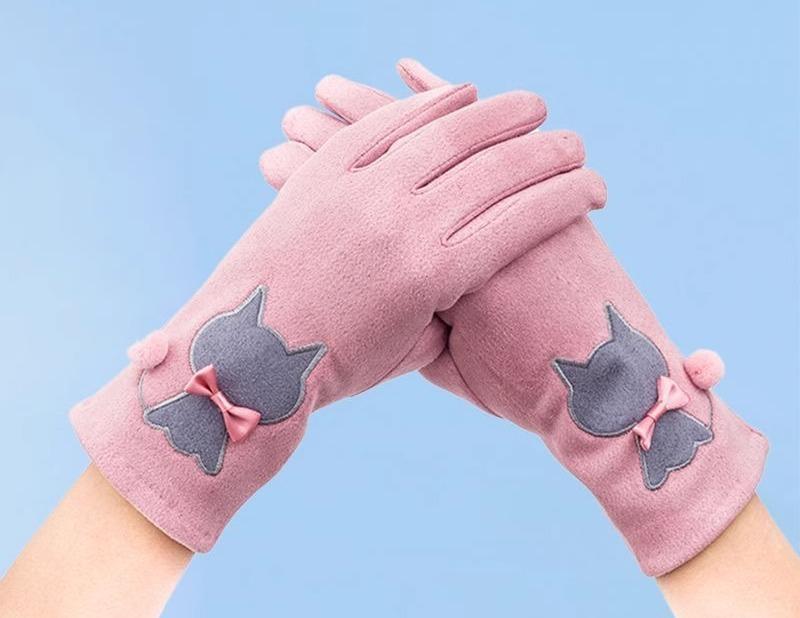 手袋 レディース 秋冬 防寒 スマホ タッチ スクリーン 通勤 自動車 運転 暖かい 鹿 革 スエード 保温性 フィット感 やわらかい 快適 裏起毛 女性 学生子猫 リボン かわいい 防風性 通気性 滑り止め フリーサイズ 黒 グレー 青