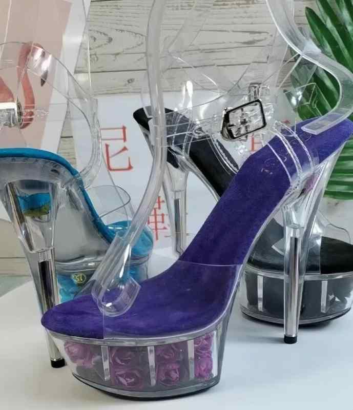 ポールダンス サンダル ミュール レディース ステージ パフォーマンス イベント パーティー コスプレ ハイヒール 15cm 厚底 プラットフォーム オープントゥ ストラップ 防水 滑り止め 耐摩耗 おしゃれ セクシー バラ 透明 黒 ピンク 白