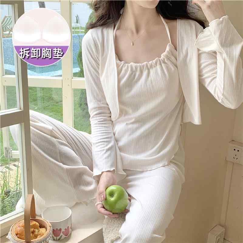 パジャマ 春秋 女性用 胸 パッド 付き オフ ホワイト 綿 サスペンダー 長袖 スリーピース セット 魅惑..