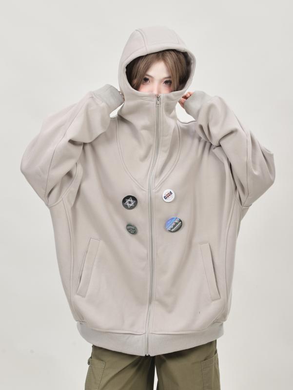 アメリカン レトロ ジッパー スウェットシャツ ジャケット レディース 春秋 パーカー トップス カンガルーポケット フード付き 立体装飾