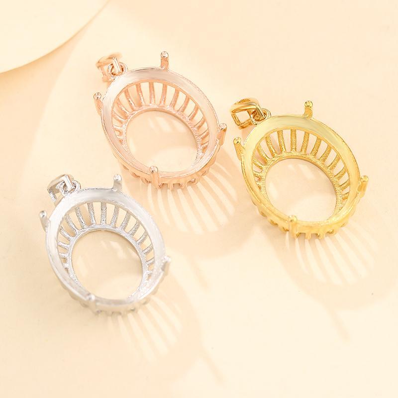 空枠 ペンダント トップ 台座 パーツ DIY 材料 装飾 アクセサリー シルバー925 オーバル 楕円形 シンプル クラシック ゴールド ローズピンク レディース ラインストーン(4)