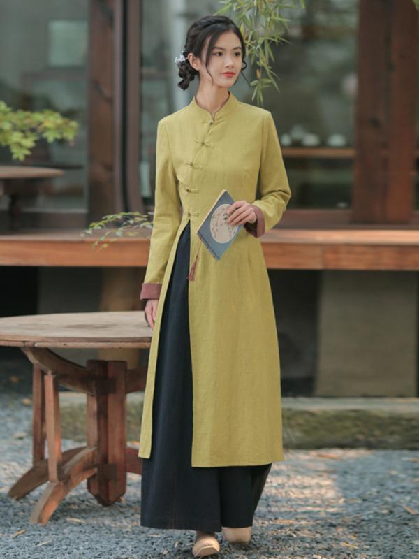 アオザイ ワンピース ロング チャイナドレス 春秋 中国風 衣装 シンプル 無地 レトロ 大人 長袖 Aライン レディース 通気性 快適 綿 リネン 黄緑
