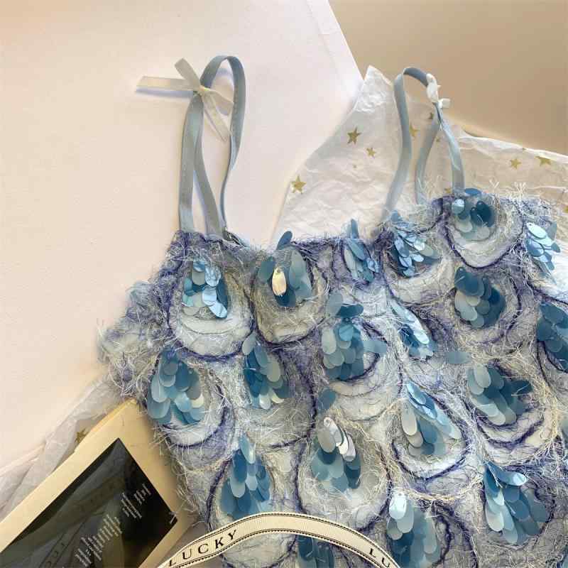 トップス レディース ノースリーブ スパンコール ダンス 衣装 イベント コスチューム キャミソール 夏 リボン ジップアップ ショート丈 キュート