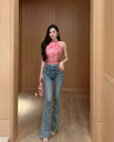 スパンコール トップス セクシー ショルダー ノースリーブ スリム フィット タイト 細身 痩身 ピンク レディース ハンギングネック 夏