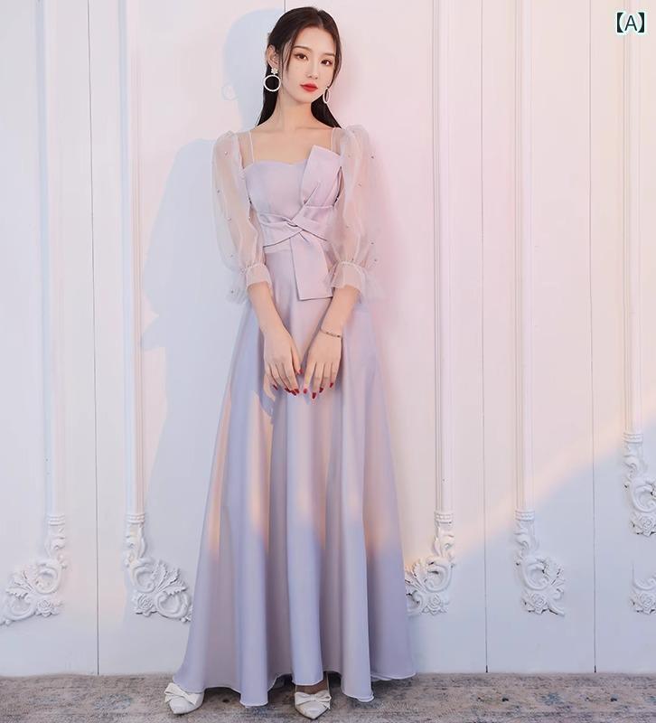 ブライズメイドドレス お揃いドレス レディース 結婚式 パーティー サテン マキシ丈 Aライン キャミワンピ 長袖 スリム フィット ソフト 通気 おしゃれ シンプル 無地 グレー 大きいサイズ 春夏