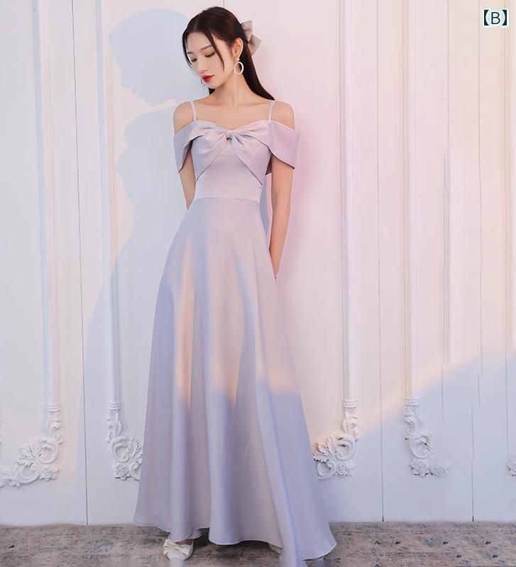 ブライズメイドドレス お揃いドレス レディース 結婚式 パーティー サテン マキシ丈 Aライン キャミワンピ 長袖 スリム フィット ソフト 通気 おしゃれ シンプル 無地 グレー 大きいサイズ 春夏