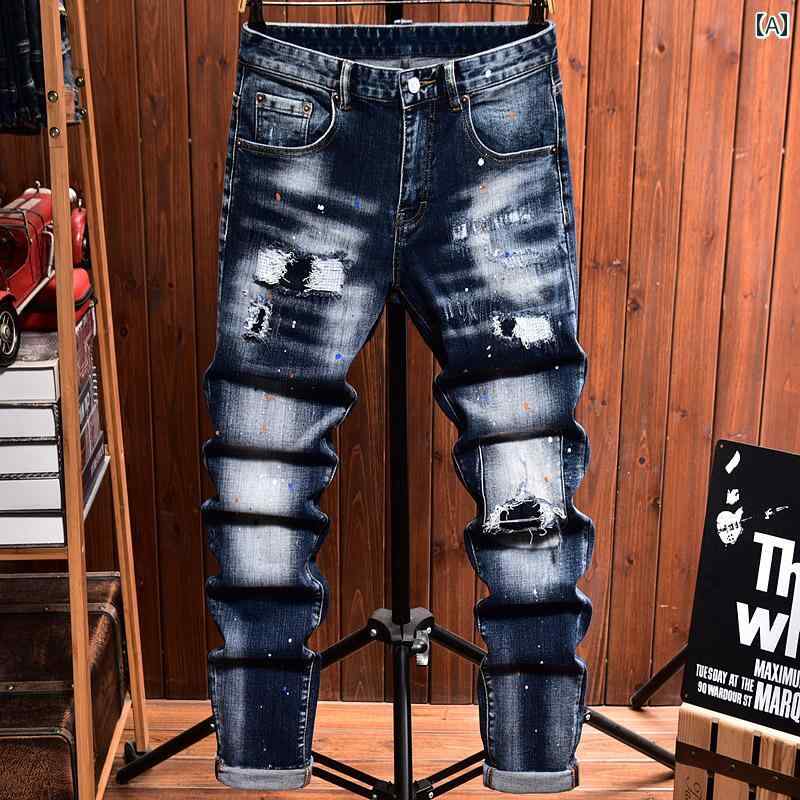 ジーンズ デニムパンツ おしゃれ ハイエンド ブルー ジーパン メンズ 春秋 スリム フィット ロング パンツ 2024 デニム 穴あき 刺繍 ストレートレッグ
