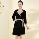 エステ ユニフォーム ワンピース 9分袖 秋冬 制服 サロン ホテル フロント 受付 レディース アプリコット 黒 無地 襟付き ウエストマーク リボン ポケット ラップスカート 膝上 速乾 ストレッチ 通気性 大きいサイズ おしゃれ