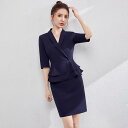 エステ ユニフォーム ワンピース 五分袖 春夏 制服 サロン ホテル フロント 受付 レディース 白 青 無地 ウエストマーク フリル 膝上 スリット ファスナー付き 速乾 ストレッチ 通気性 大きいサイズ おしゃれ