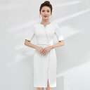エステ ユニフォーム ワンピース 五分袖 夏 制服 サロン ホテル フロント 受付 レディース 白 青 無地 膝上 Vネック スリット ファスナー付き 速乾 ストレッチ 通気性 大きいサイズ おしゃれ