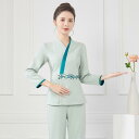 エステ ユニフォーム パンツ 美容院 フットバス ペディキュア ヘルスクラブ 技術者 作業服 女性 春秋 サロン スーツ セットアップ 大きいサイズ Vネック 長袖 グレー 緑