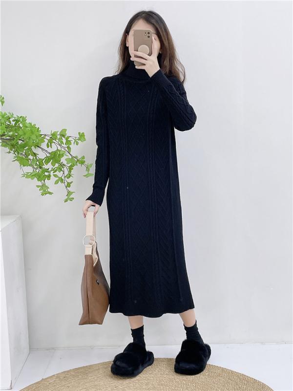 ニット ワンピース レディース タートルネック 厚手 ミモレ ゆったり ストレート Iライン 編み目 柄 秋冬 ロング 長袖 カジュアル 女性 買い物 ルームウェア 黒 グレー