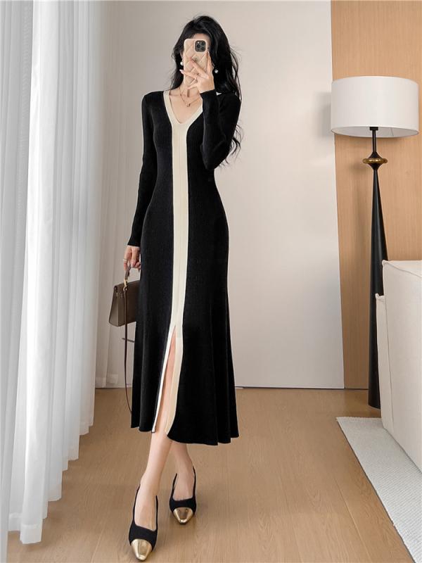ニット ワンピース ロング エレガント ドレープ バイカラー スリット スカート プルオーバー 秋冬 レディース 女性 きれいめ Vネック 黒 紺