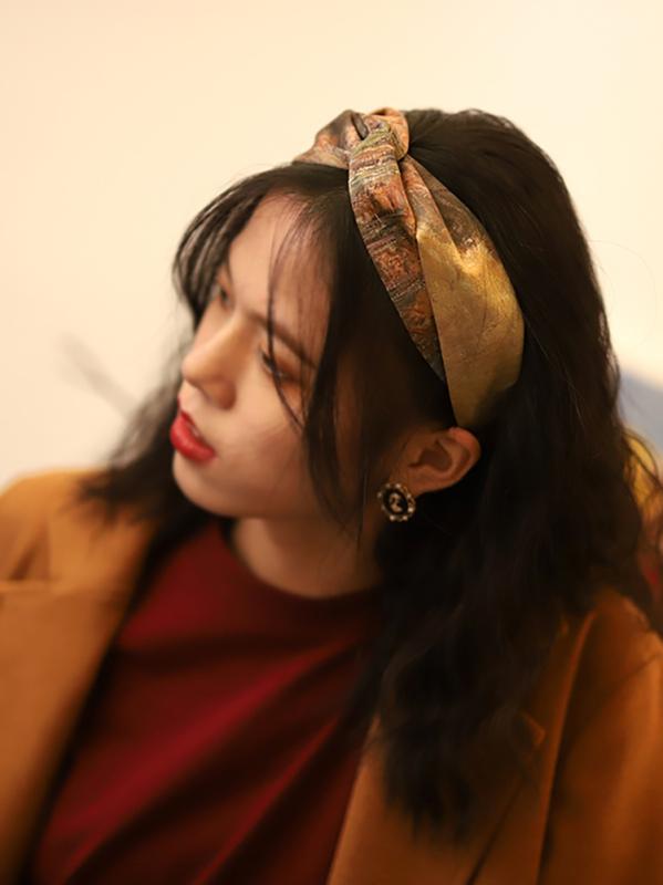 スカーフ ヘアアレンジ おしゃ レディース エスニック 民族風 サテン 女性 秋冬 レトロ アクセサリー カチューシャ ブラウン ダークグリーン