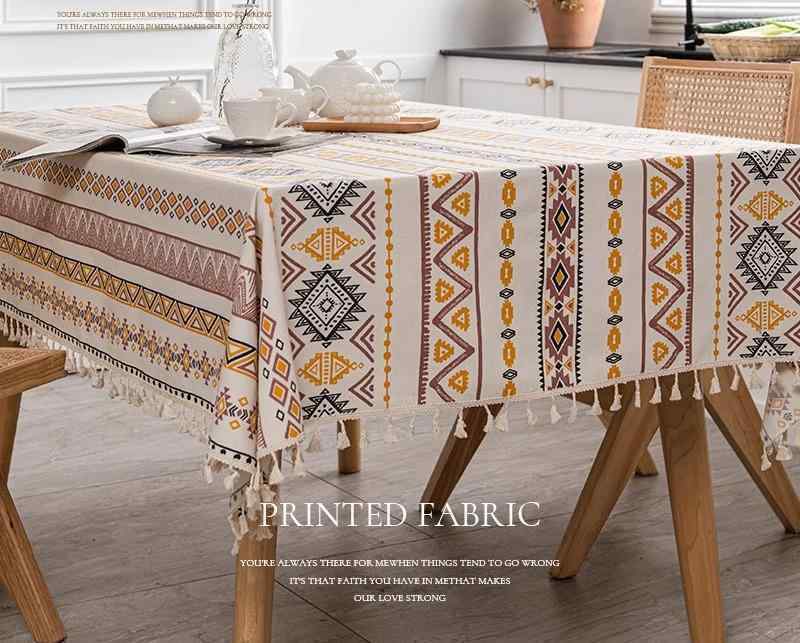 テーブルクロス エスニック 布 綿 リネン 机 デスク キッチン リビング ホームパーティー カバー おしゃれ インテリア レトロ 長方形 防水 耐油 お手入れ簡単 ボヘミアン 幾何学模様 タッセル