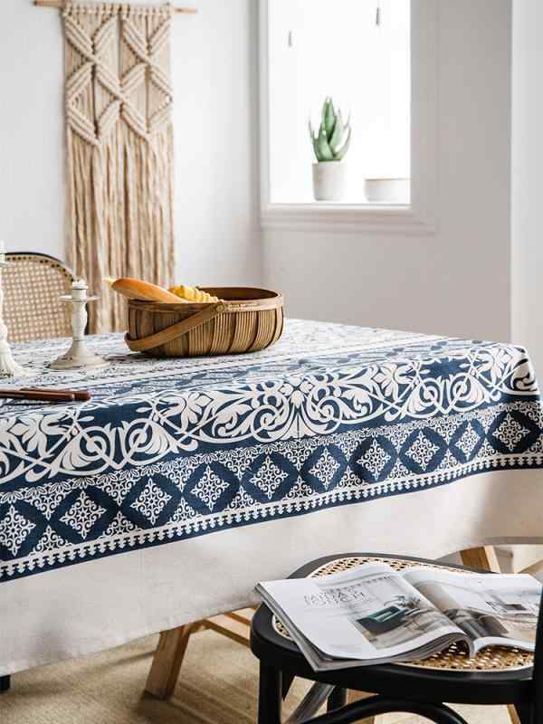 テーブルクロス エスニック 布 綿 リネン 机 デスク キッチン リビング ホームパーティー カバー おしゃれ インテリア レトロ 長方形 青 白