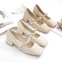 パンプス メリー ジェーン ストラップ レディース 革靴 入学式 きれいめ フォーマル 浅口 太ヒール チャンキー スクエアトゥ ラバーソール 歩きやすい 履きやすい 痛くない 滑りにくい 柔らかい お呼ばれ 仕事 春秋 パール ベージュ アプリコット