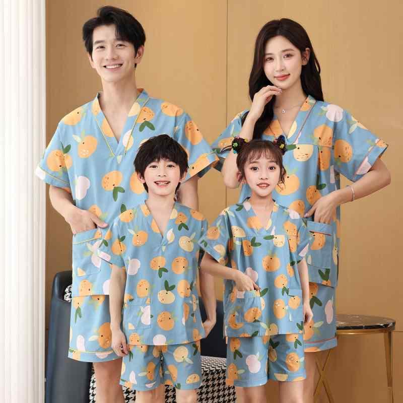 岩盤浴 ウェア サウナ キッズ レディース メンズ 親子 大きいサイズ ゆったり 着やすい 綿 通気性 半袖 Vネック ポケット カラフル 果物 猿 プリント