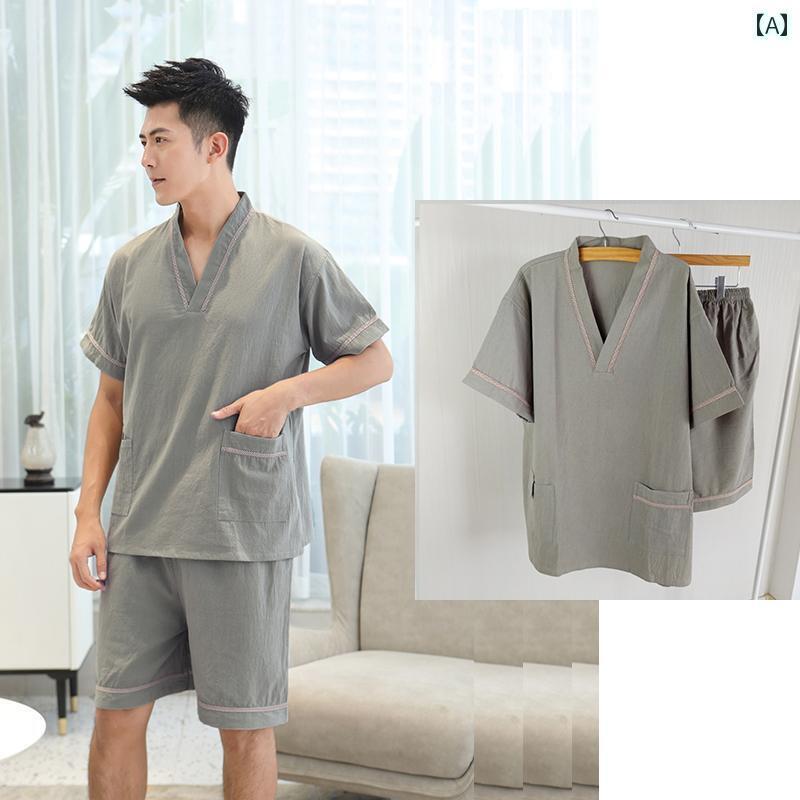 サウナ服 岩盤浴 ウェア マッサージ 服 綿 レディース メンズ 半袖 半ズボン Vネック ポケット 胸部 二重 パジャマ 部屋着 大きいサイズ グレー ピンク 黄色