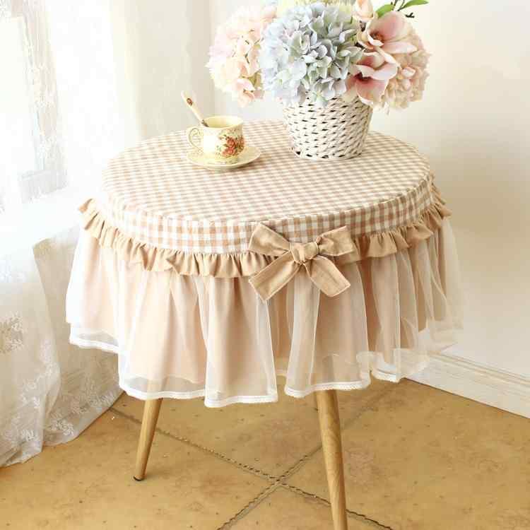 テーブルクロス 円形 チェスト ダイニング リビング 寝室 わき机 インテリア 装飾 防塵 フリル シフォン レース 個性的 かわいい 緑 ピンク 茶 チェック柄 リボン