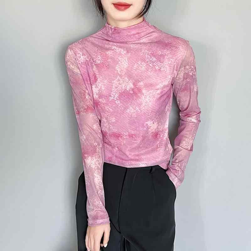 トップス レディース 柄 秋冬 長袖 ハイネック 大きいサイズ スリム フィット カットソー プリント シンプル カジュアル ピンク 花柄(4)