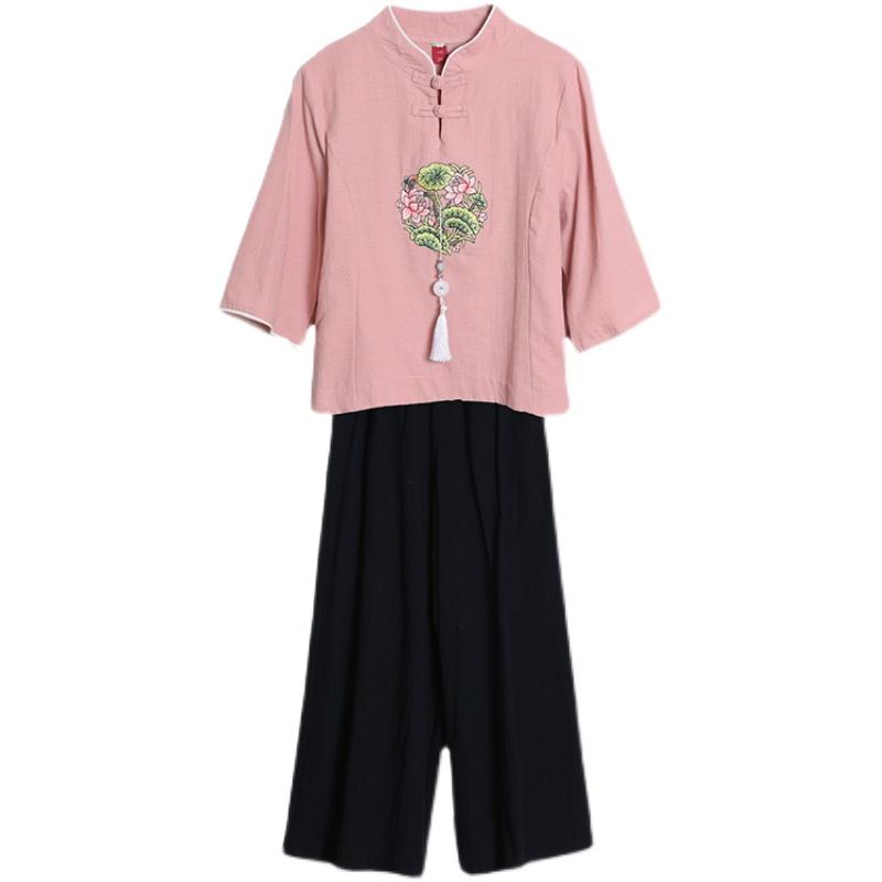 太極拳 服 レディース トップス チャイナ風 夏 レトロ コットン リネン ワイドパンツ ゆったり 通気性 ..