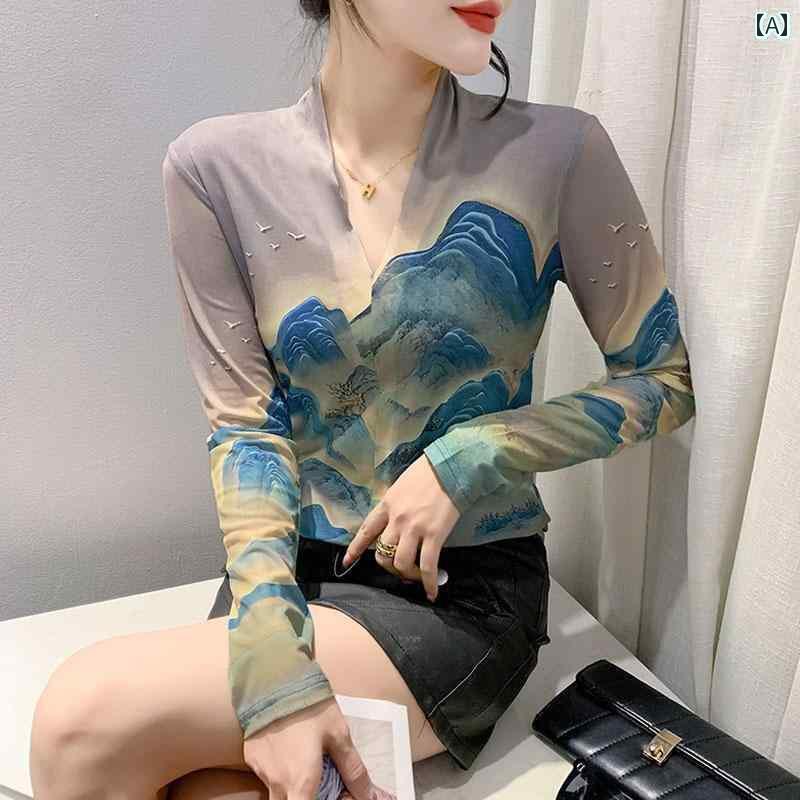 長袖 tシャツ レディース 秋冬 Vネック 大きいサイズ スリムフィット トップス インナー メッシュ 柄 プリント 大人 上品 エレガント