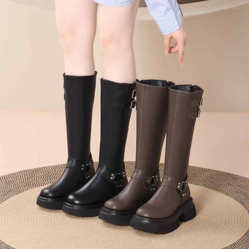 ライディングブーツ レディース 厚底 秋冬 ロング バックジッパー ベルト バックル スリムフィット ラウンドトゥ レザー カジュアル おしゃれ 黒 カーキ