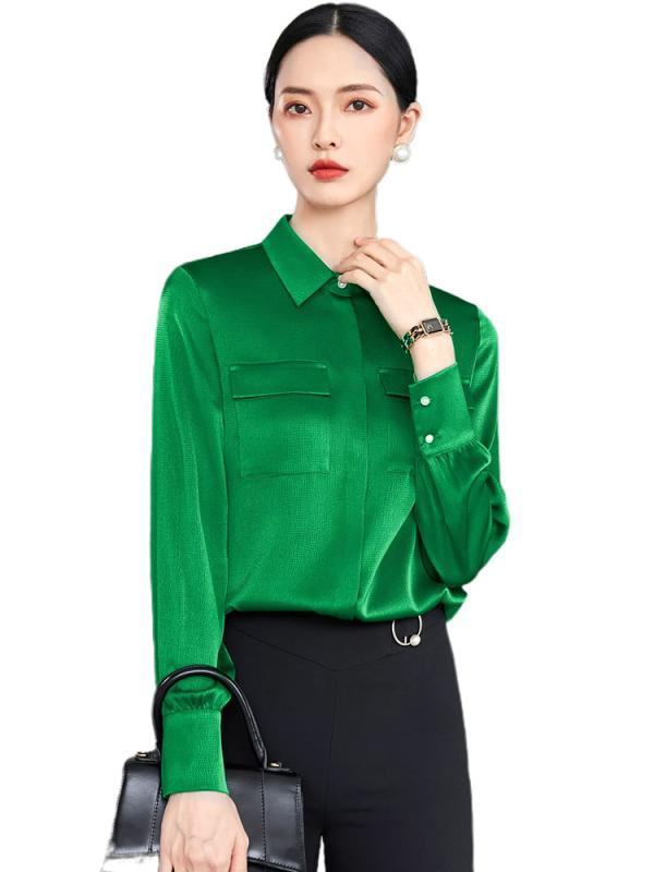 シャツ レディース オフィス シンプル 無地 襟付き ビジネス 通勤 大きいサイズ 上下セット ズボン 緑 白 黒 サテン 光沢 きれいめ